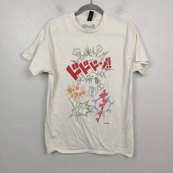 Popkiller Los Angeles Graphic T-Shirt Mens Medium Cream Anime Cotton Crewneck‎ - Picture 1 of 8